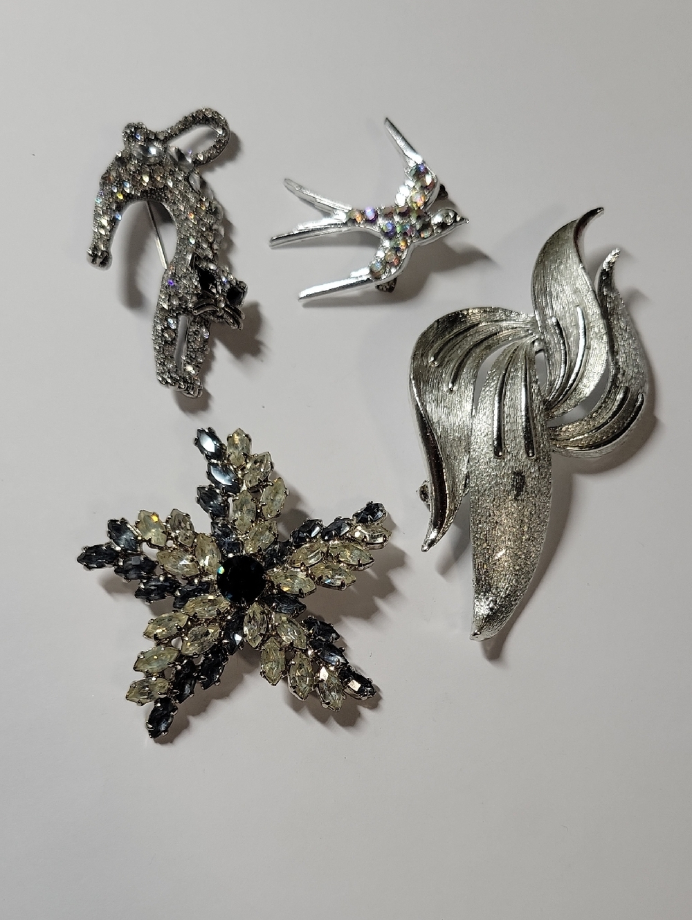 Coro Silver Tone Rhinestone Floral & Bird Brooches Set